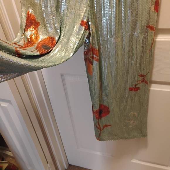NWT Bebé Printed Sequin Jumpsuit Teal Elia Floral Stunning Classy Size 12 - Picture 10 of 12